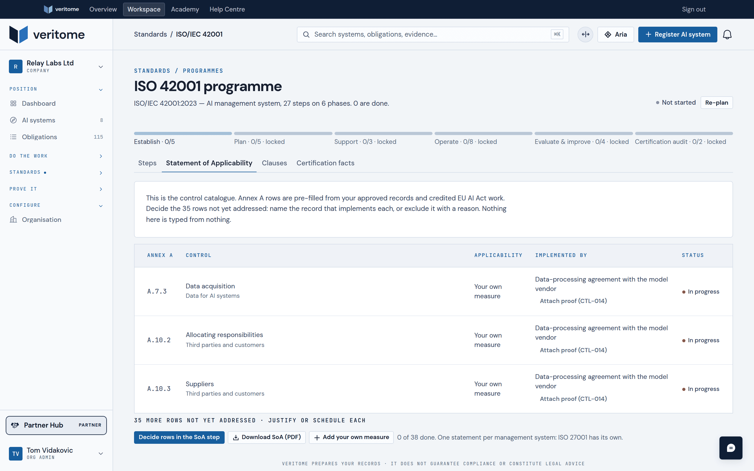 Veritome Statement of Applicability — every ISO/IEC 42001 Annex A control with its decision, justification and the measure that addresses it