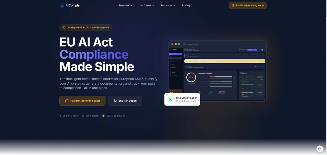The AIComply landing page in January 2026: a dark page reading 'EU AI Act Compliance Made Simple', with a dashboard preview and a 'Platform launching soon' button.