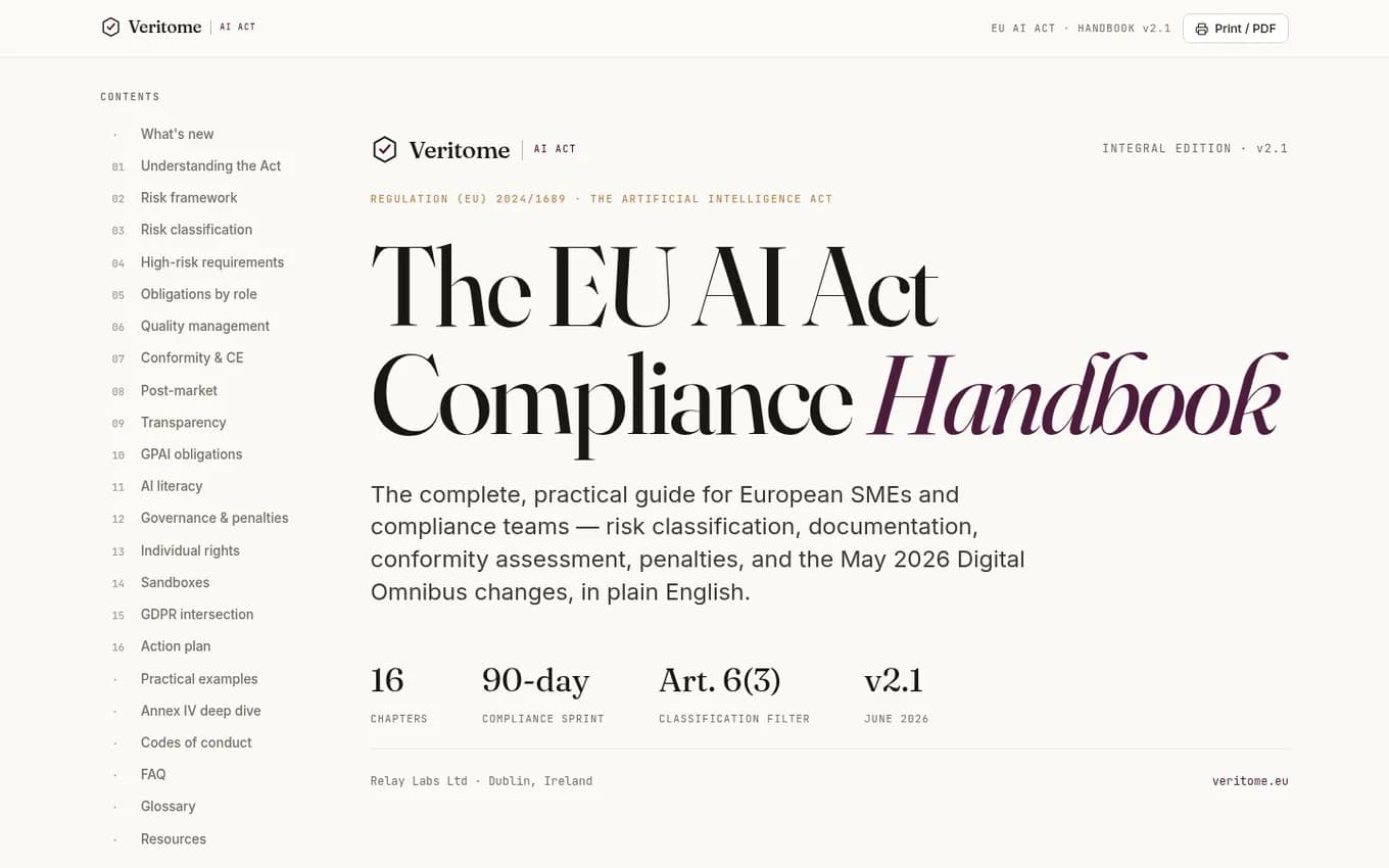 The cover of the Veritome EU AI Act Compliance Handbook, edition 2.1, June 2026, with its table of contents.
