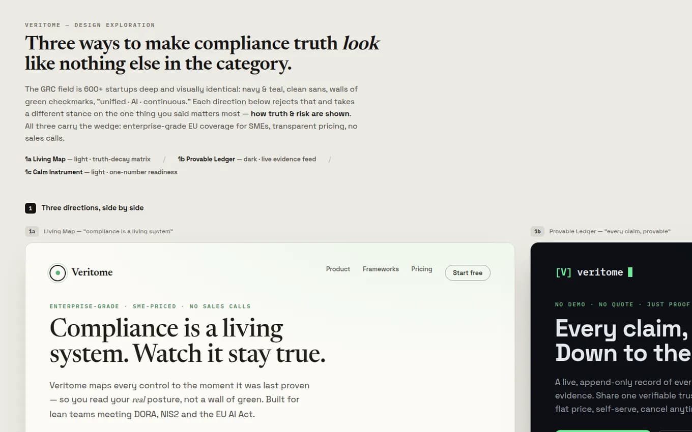 A design exploration titled 'Three ways to make compliance truth look like nothing else in the category', showing alternative landing-page directions.