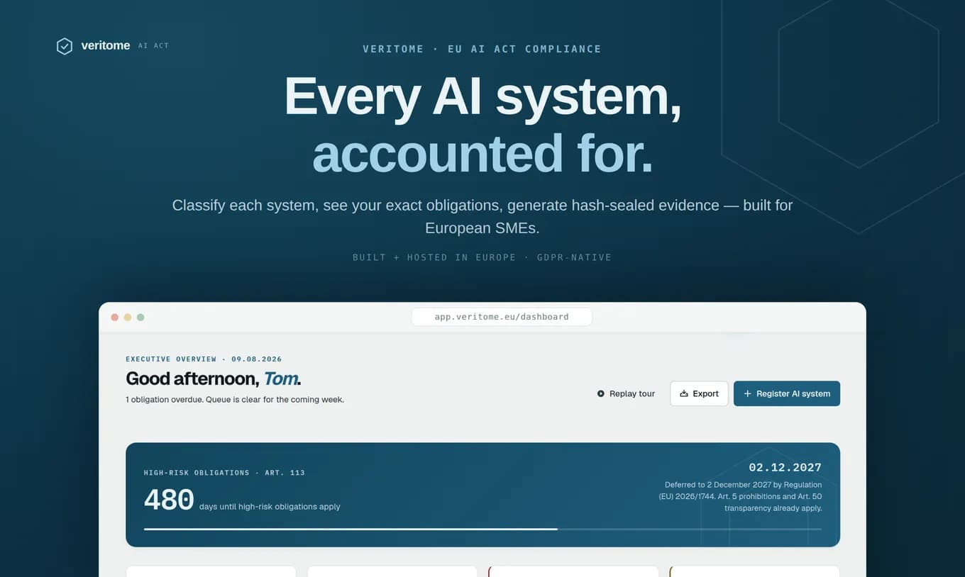 A Veritome promotional image from August 2026 reading 'Every AI system, accounted for.' above a screenshot of the dashboard.