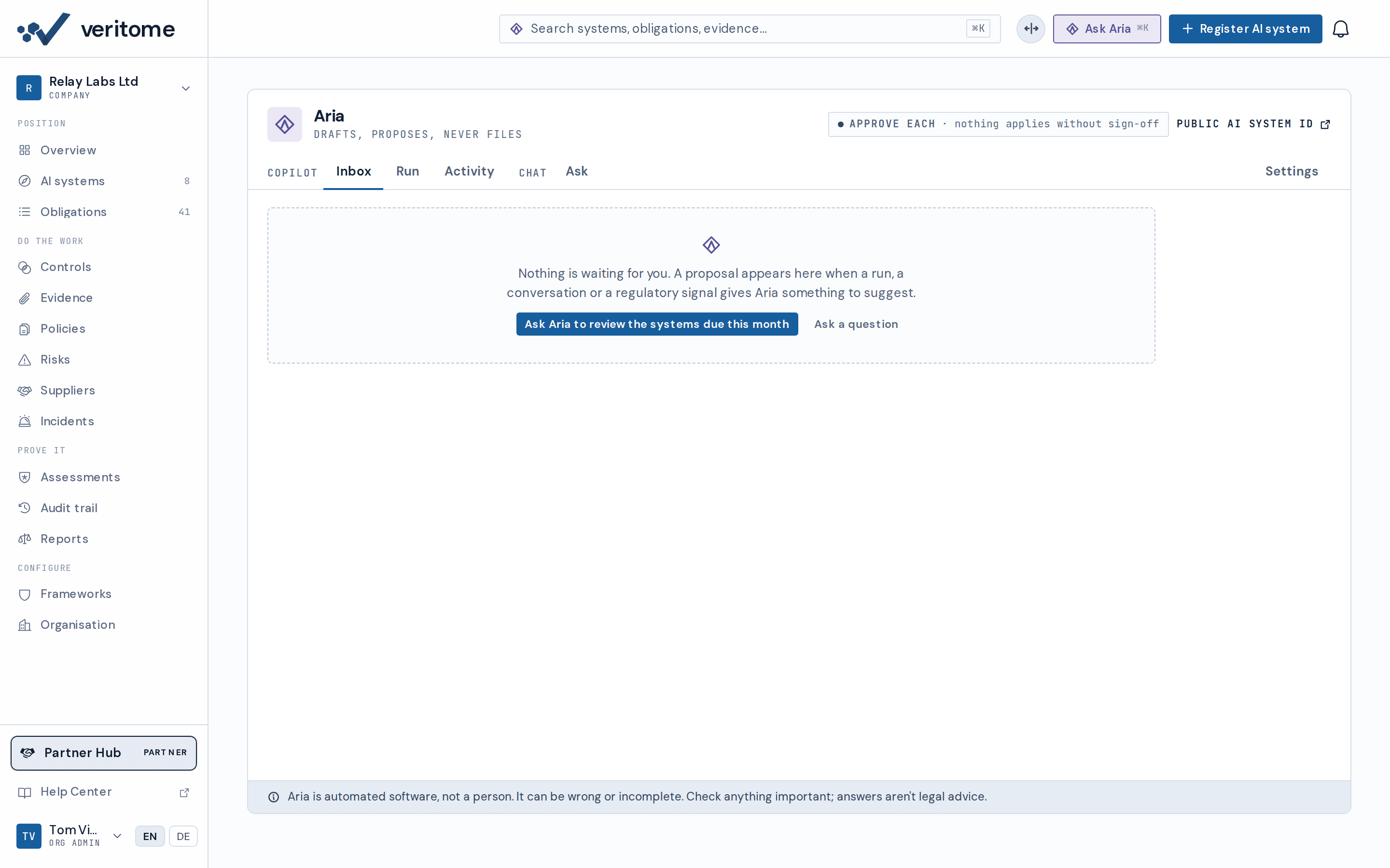 Aria's Inbox — the tab that lists every proposal waiting for a person; empty on the demo workspace