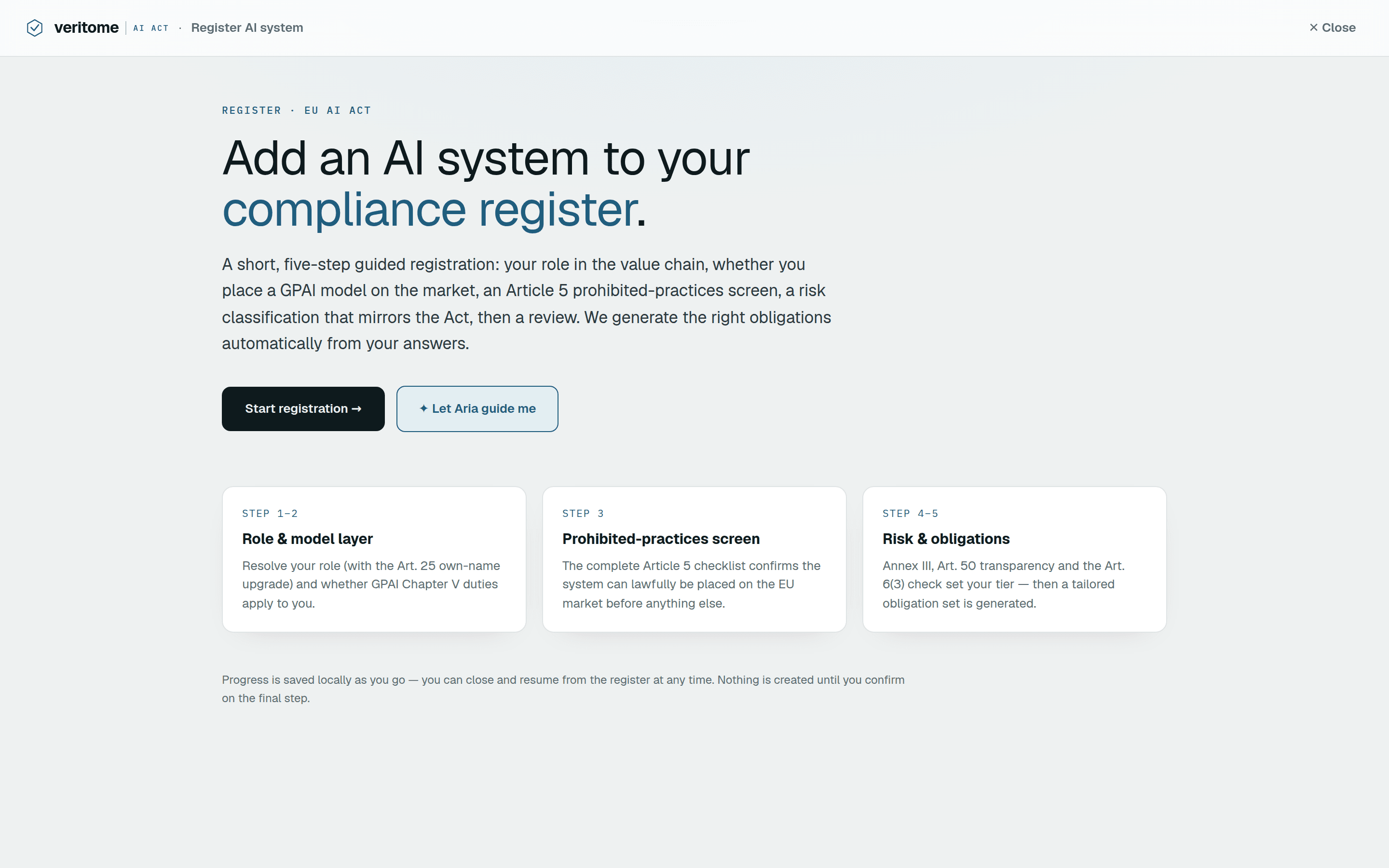 Veritome guided classification — the five-step register wizard that walks Article 5, Annex I, Annex III and the Article 6(3) exception