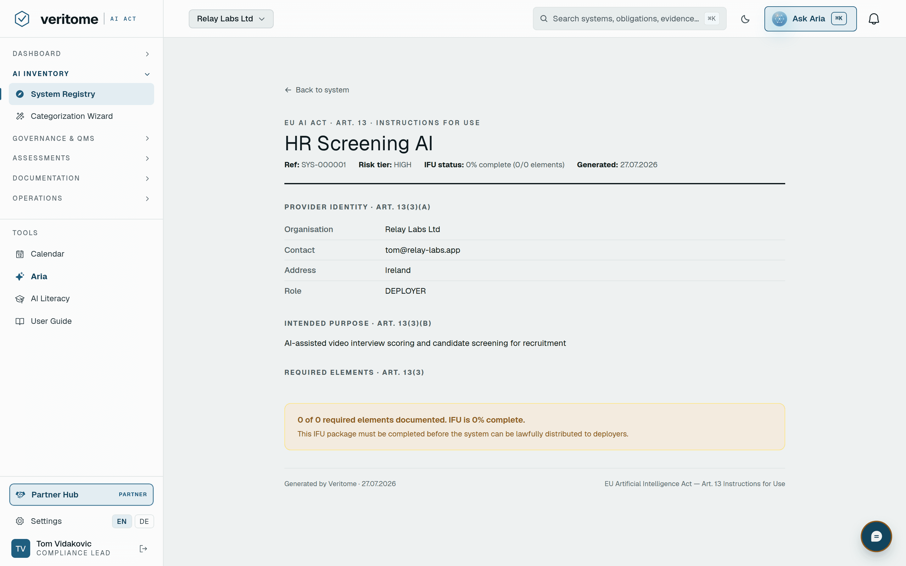 Veritome Article 13 Instructions-for-Use package — provider identity, intended purpose and the nine required elements for provider-to-deployer handoff