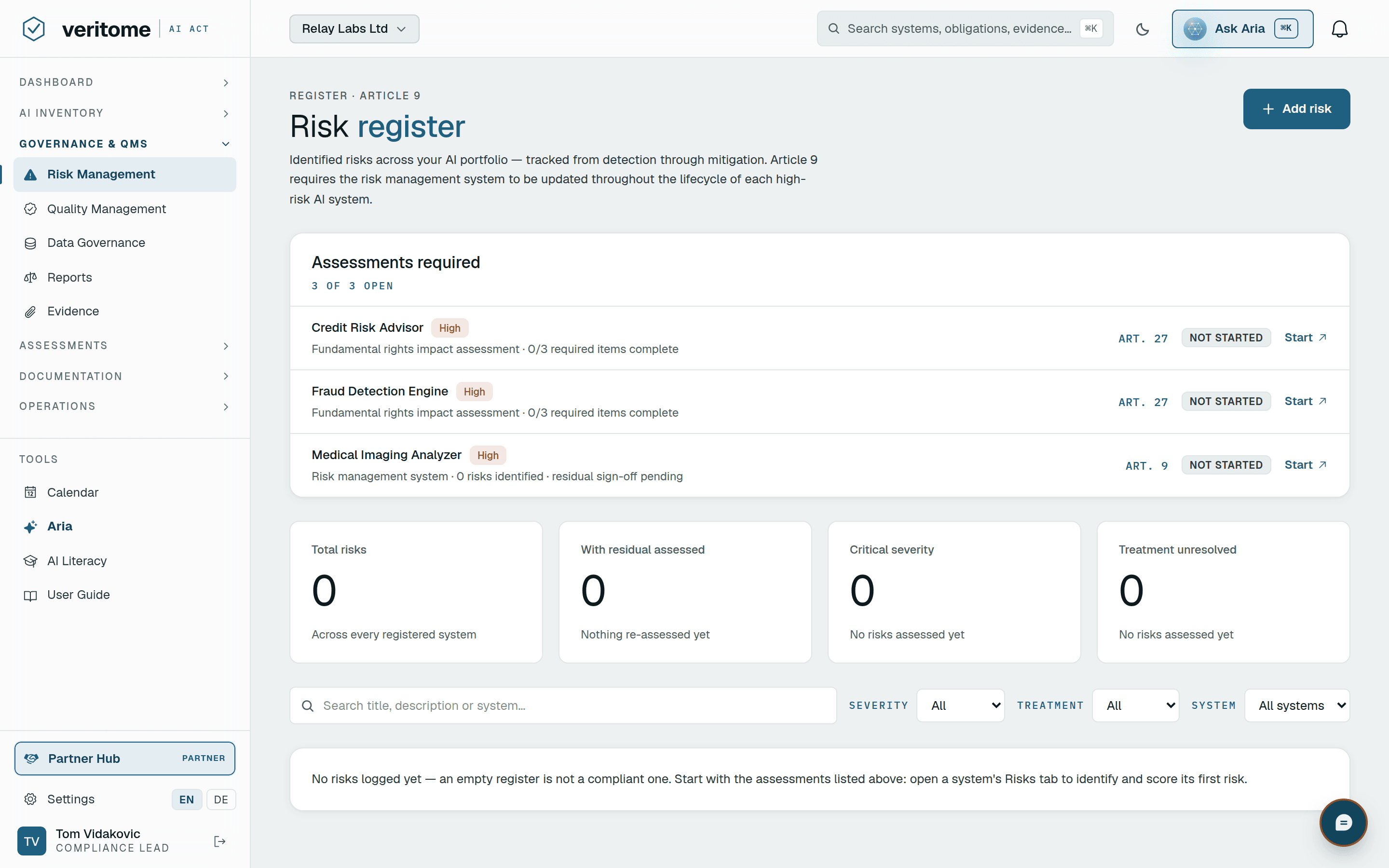 Veritome risk register — assessments-required strip, portfolio risk KPIs and a severity-by-likelihood heat-map for Article 9 risk management