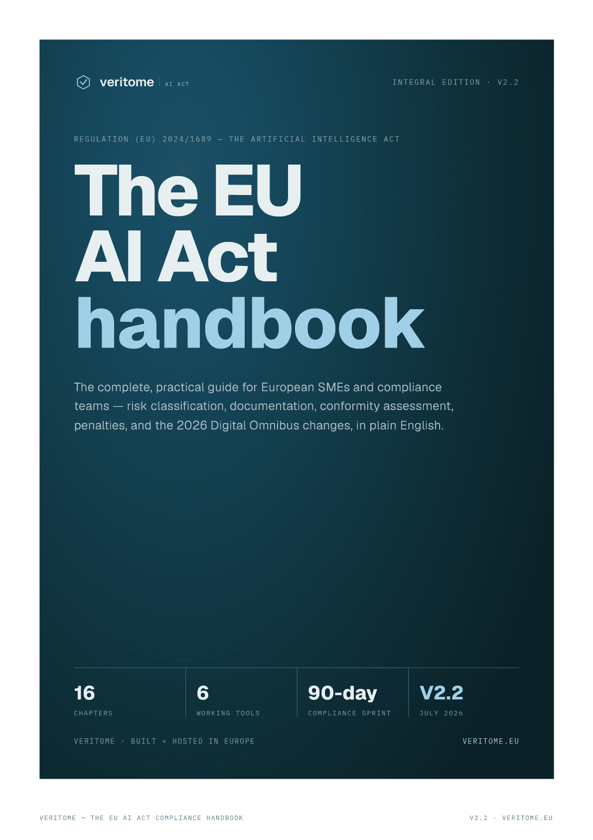 Cover of the Veritome EU AI Act compliance handbook, integral edition v2.2, July 2026 — 16 chapters, 6 working tools, a 90-day compliance sprint